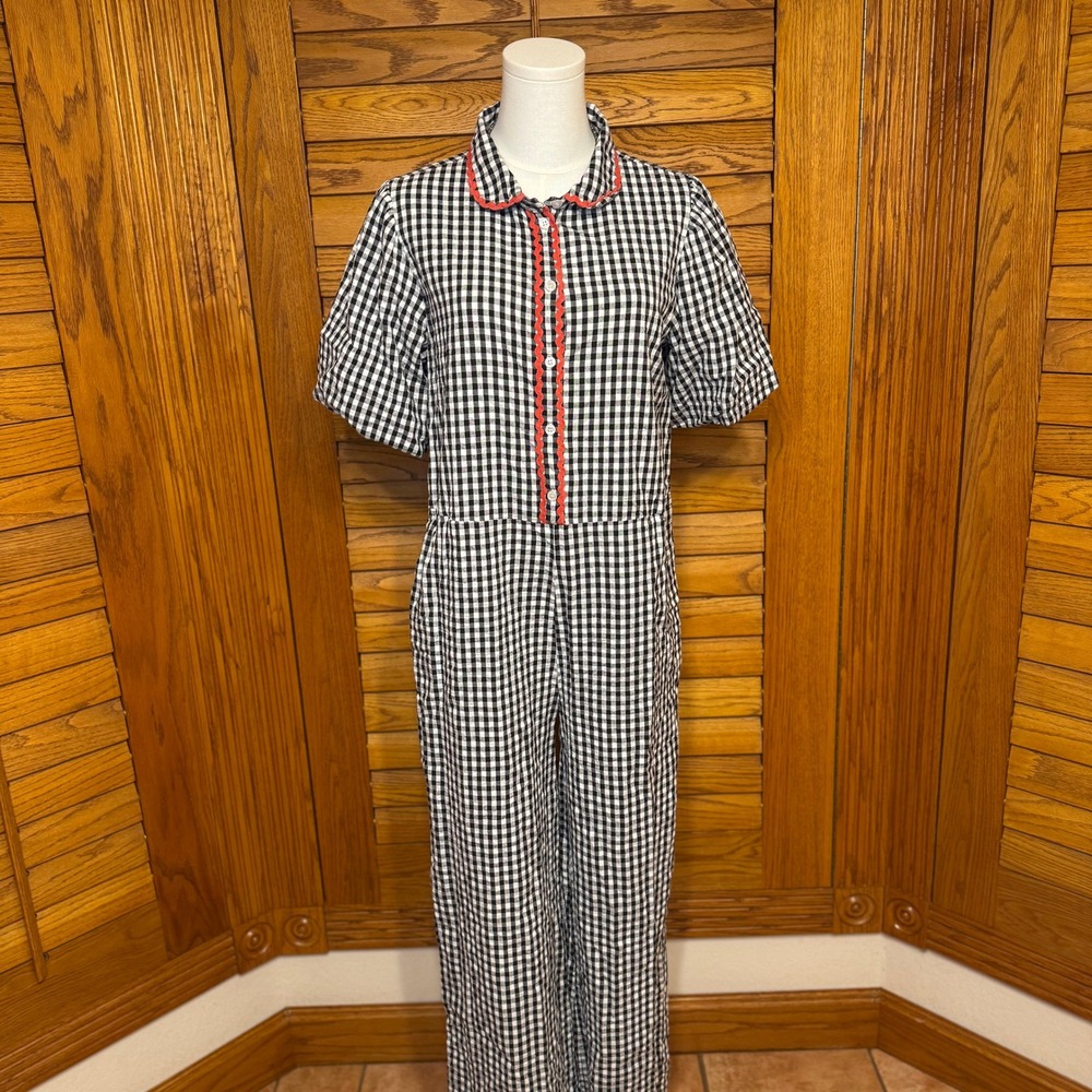 Neon Rose Gingham Short-Sleeve Jumpsuit with Red Trim